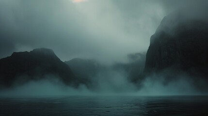 Ethereal Landscape Covered in Mist with Dark Silhouettes, Landscape, mist, silhouette - obrazy, fototapety, plakaty