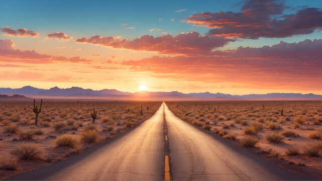 Long road through desert at sunset 