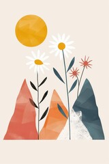 Abstract serene illustration featuring layered mountains with a warm sun and blooming flowers in a calming color palette, invoking a sense of peace and nature's beauty