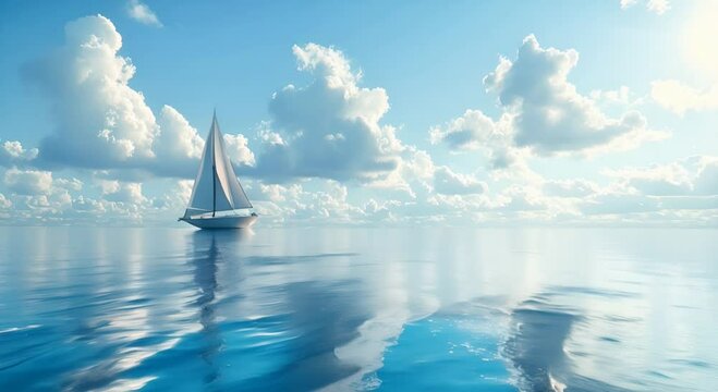 A serene time-lapse video of a sailboat gliding across a calm blue ocean, with fluffy clouds drifting lazily in the sky above.