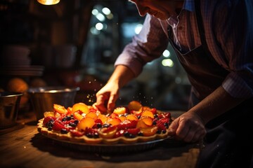 A baker slicing through a freshly baked fruit tart, with warm bokeh lights illuminating the scene.