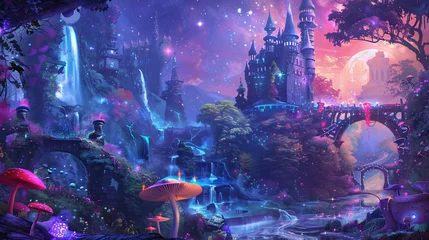 Foto op Plexiglas Purple Dreamscape: A Fantasy World of Mushrooms, Waterfalls, and Enchanted Castles Generative AI © Mandeep