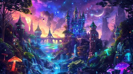 Fantasy Castle by the Waterfall: A Magical Nighttime Scene Generative AI - obrazy, fototapety, plakaty
