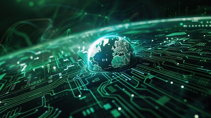 Circuit board overlaying a digital globe, showcasing global connectivity.