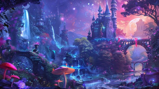 Purple Dreamscape: A Fantasy World of Mushrooms, Waterfalls, and Enchanted Castles Generative AI