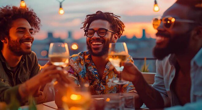 A group of diverse friends laughing and toasting glasses of wine while enjoying a rooftop dinner party with a city skyline in the background.
