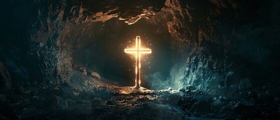 Illuminated Cross in a Cave: A Spiritual Journey Through the Darkness Generative AI - obrazy, fototapety, plakaty