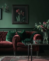 Red Velvet Couch with Green Pillows and Flowers Generative AI