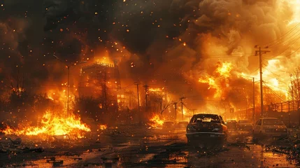 Foto op Plexiglas Harrowing nightfall over a town as wildfire spreads rapidly through streets and homes © Sippung