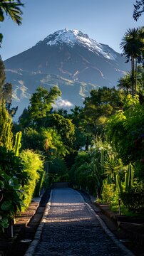 Serene View of Chichon Volcano in Guac fpas with Snow-Capped Peak Amid Greenery and Path, Under Clear Skies