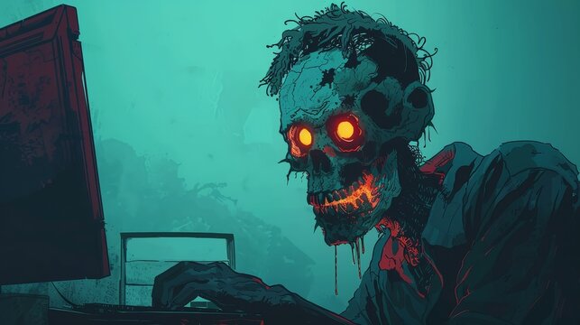 Horrific zombie with glowing red eyes at a computer in a dark, ominous room