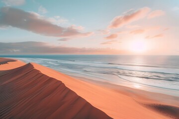 Wide ocean view from soft, warm-toned sand dunes captured in ultra-realistic, Unsplash-style photography.