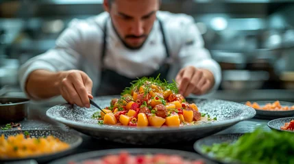 Foto op Plexiglas Chef meticulously garnishing a vibrant gourmet poke bowl © thodonal