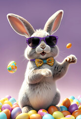 Rabbit wearing sunglasses with Easter eggs