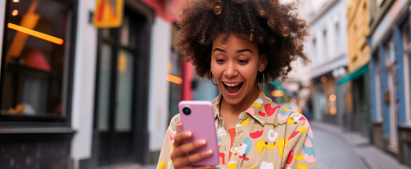 Young woman excitedly looking at smartphone on city street - obrazy, fototapety, plakaty