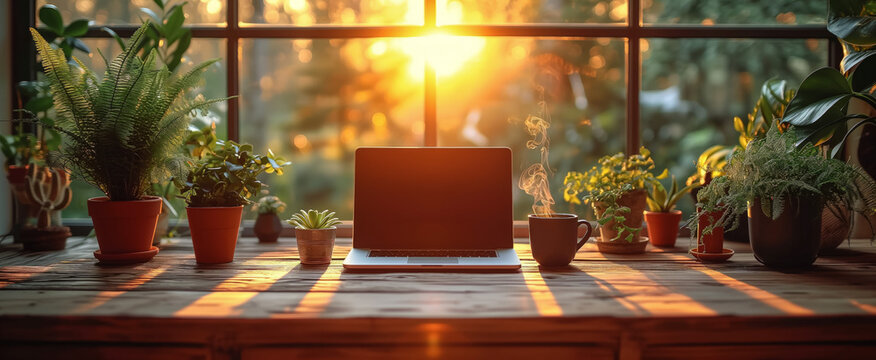 Cozy home workspace with laptop and houseplants at sunset