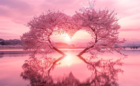 Pink Blossoms and Sunset Heart Generative AI