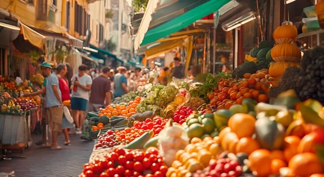 A dynamic shot of a bustling farmers' market, with vendors selling fresh produce and customers browsing colorful stalls.
