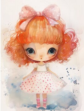 Pink Polka Dot Doll A Cute and Colorful Watercolor Artwork Generative AI