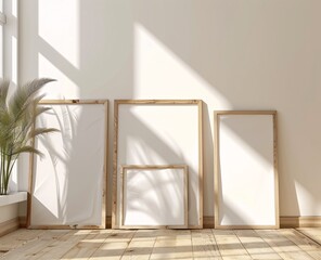 Sunlit Art Gallery A Showcase of Wooden Frames and White Canvases Generative AI