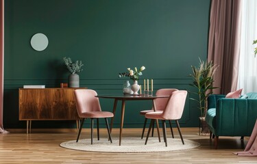 pastel pink color chairs at wooden dining table. Sofa near dark green wall. Mid-Century modern living room Interior Design. Scandinavian, home interior.