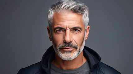 Handsome elderly elegant Latino with gray hair, on a gray background, banner, active old age. - obrazy, fototapety, plakaty