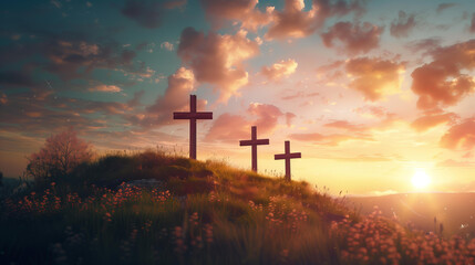 cross on a hill with a sunset, easter background with copy space for text - obrazy, fototapety, plakaty