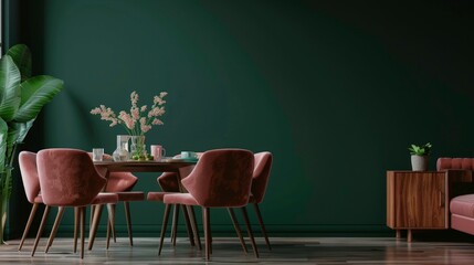 pastel pink color chairs at wooden dining table. Sofa near dark green wall. Mid-Century modern...