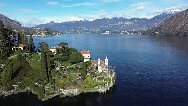 Aerial view of Villa Balbianello peninsula on Lake Como