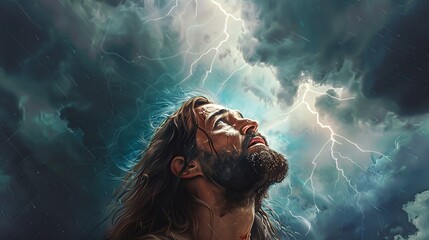Jesus in the Clouds A Lightning-Filled Sky Generative AI - obrazy, fototapety, plakaty