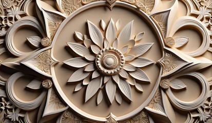 background, model of ceiling decoration with 3d wallpaper. decorative frame on a luxurious beige and mandala background