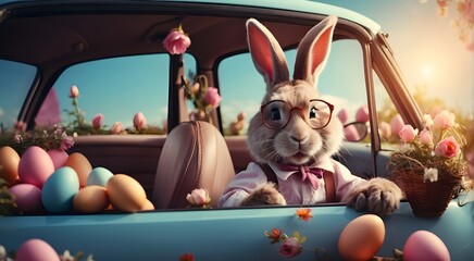 Imaginary, dreamy picture of the Easter Bunny holding an egg and wearing glasses in a vehicle, Dreamy, fantastical image of the Easter bunny in a car with glasses and an Easter egg. - obrazy, fototapety, plakaty