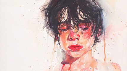 Watercolor Artwork of a Boy with a Painted Nose and Bloodied Lips Generative AI