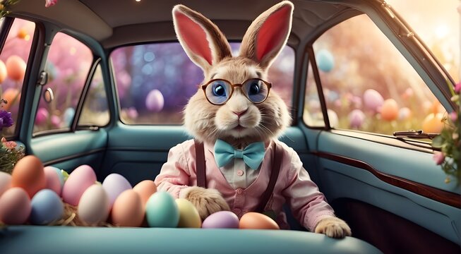 Imaginary, dreamy picture of the Easter Bunny holding an egg and wearing glasses in a vehicle, Dreamy, fantastical image of the Easter bunny in a car with glasses and an Easter egg.
