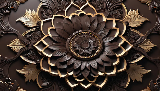 background, model of ceiling decoration with 3d wallpaper. decorative frame on a luxurious background of brown wood and mandala