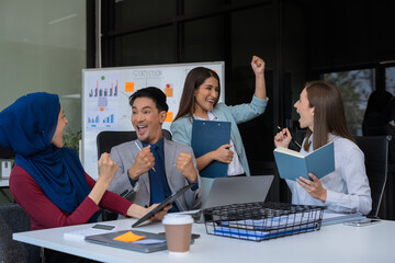 Happy businessman and businesswoman shaking hands at group board meeting. Professional business executive leaders making handshake agreement successful company trade partnership handshake concept.