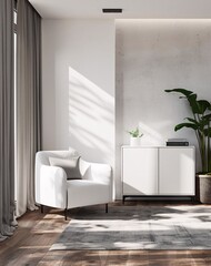 Modern Living Room with White Furniture and Plant Generative AI
