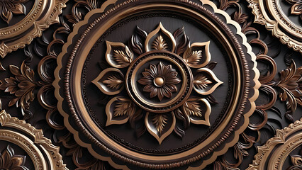 background, model of ceiling decoration with 3d wallpaper. decorative frame on a luxurious background of brown wood and mandala