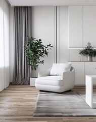 Modern Living Room with White Chair and Plant Generative AI