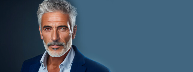 Handsome elderly elegant Latino with gray hair, on a dark blue background, banner, active aging.