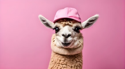 Obraz premium April Fool's Day poster with a comical llama in a hat and a fluffy white llama wearing a flower crown on a pink backdrop Sheep portrait on a pink background wearing a colorful birthday hat.