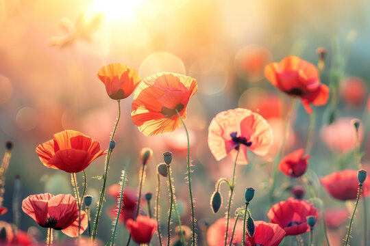 Sunset field of red poppies in warm light, creating a serene and vibrant landscape