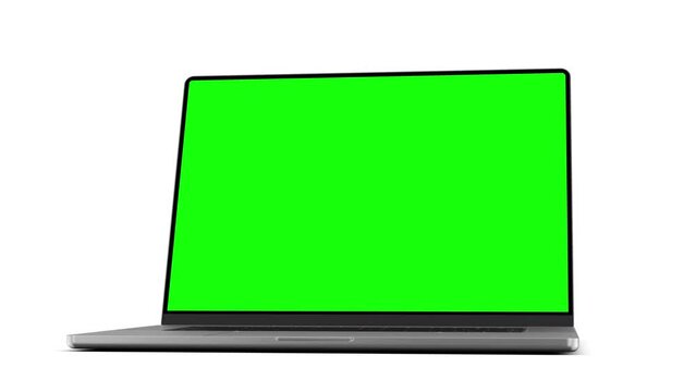 Laptop with frameless screen; camera turn around display. Video has green screen, luma matte mask, and screen tracking layer. 60fps 4K UHD