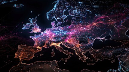 Abstract digital map of Western Europe, concept of European global network and connectivity,
