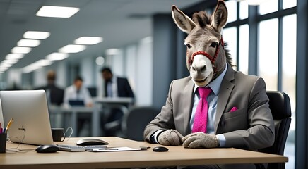 A boss in a company, a donkey dressed as a businessman in an office at work. A humorous joke, a caricature. ridiculous generative AI.