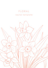 Pink outline daffodil flowers bouquet on white vertical background. Hand drawn narcissus line sketch. Vector floral template of greeting card, wedding invitation, poster or cover, spring design.