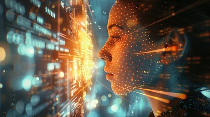 Holographic interface merging with digital data streams, showcasing advanced technology integration.