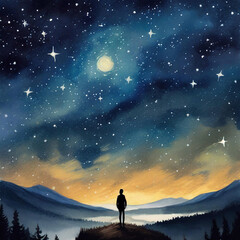 Fototapeta na wymiar 은하수 느낌의 별이 빛나는 밤하늘에 서있는 사람