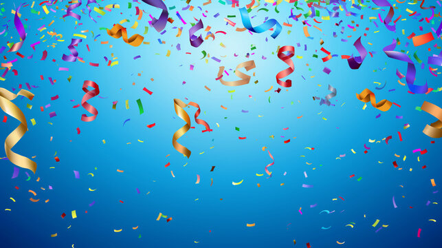 Colored confetti flying on blue background.