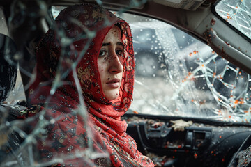 The moment of impact and the immediate aftermath for a Muslim woman in a car accident visualized with the stark clarity and emotional depth of documentary photography - obrazy, fototapety, plakaty
